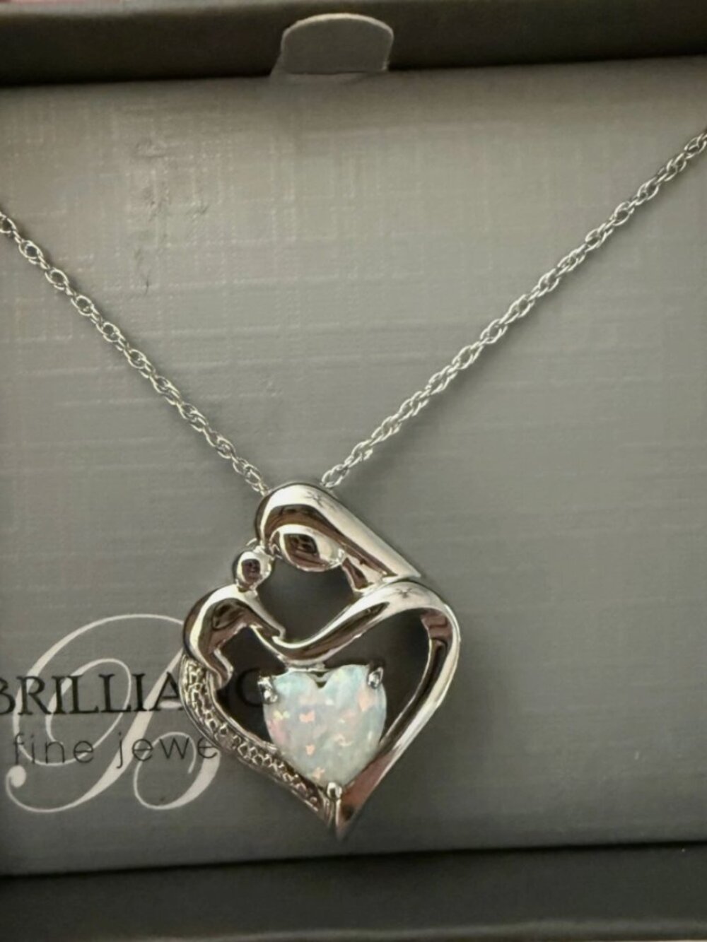 Brillia Fine Jewelry Mother Child White Opal Heart Pendant Necklace NIB